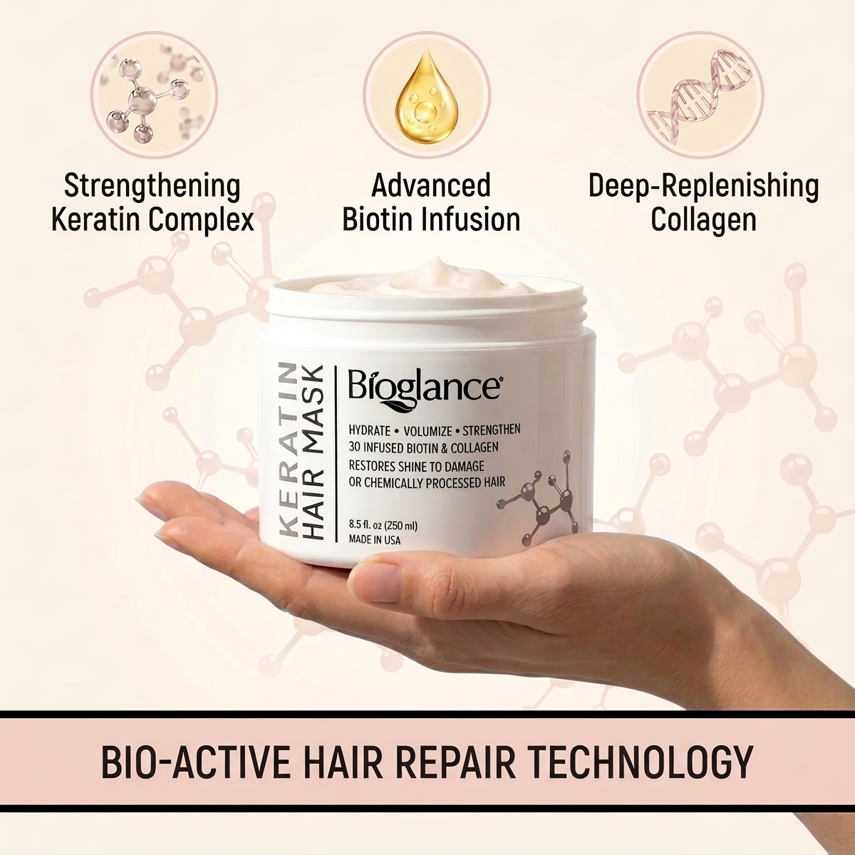 Bioglance® Keratin Hair Mask with Biotin & Collagen – 8.5 fl oz (250 ml)