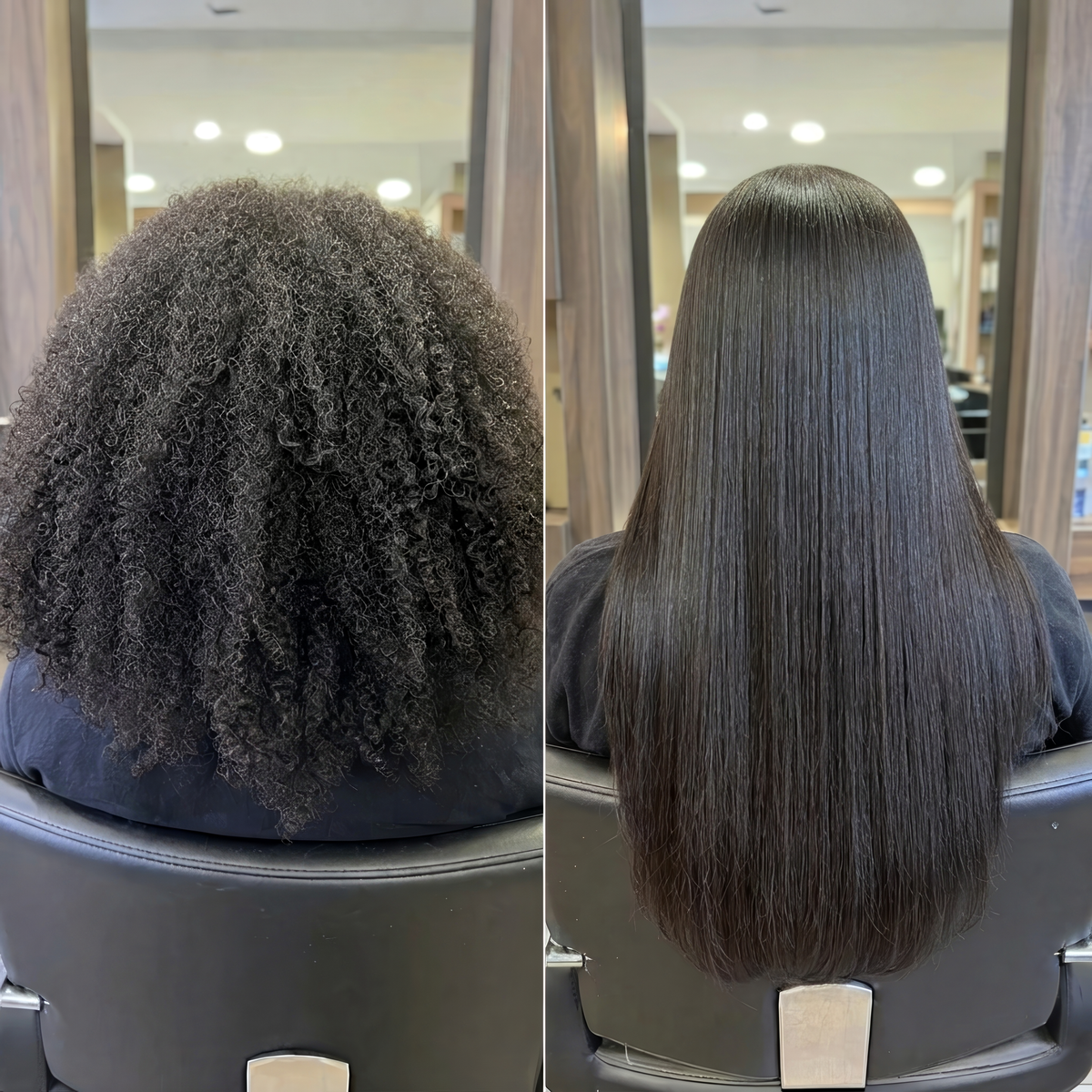 Bioglance Potencie Blond Retexturizer smoothing curly black hair into sleek, straight hair